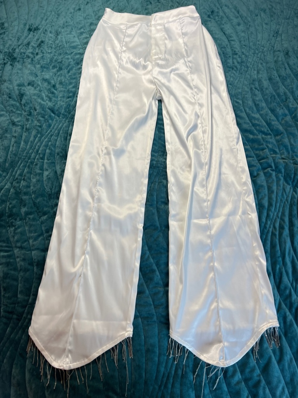 Maniere De Voir White Satin Fringe Hem Wide-Leg Pants high waisted size 4
